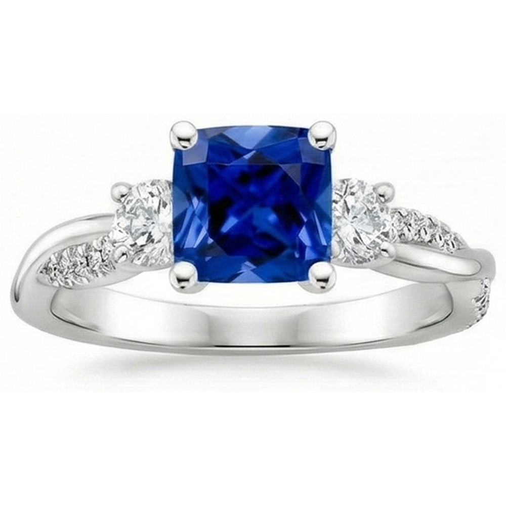 Gold 3 Steine Stil Ringkissen Blauer Saphir Mit Akzenten 2,75 Karat