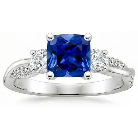 Gold 3 Steine Stil Ringkissen Blauer Saphir Mit Akzenten 2,75 Karat