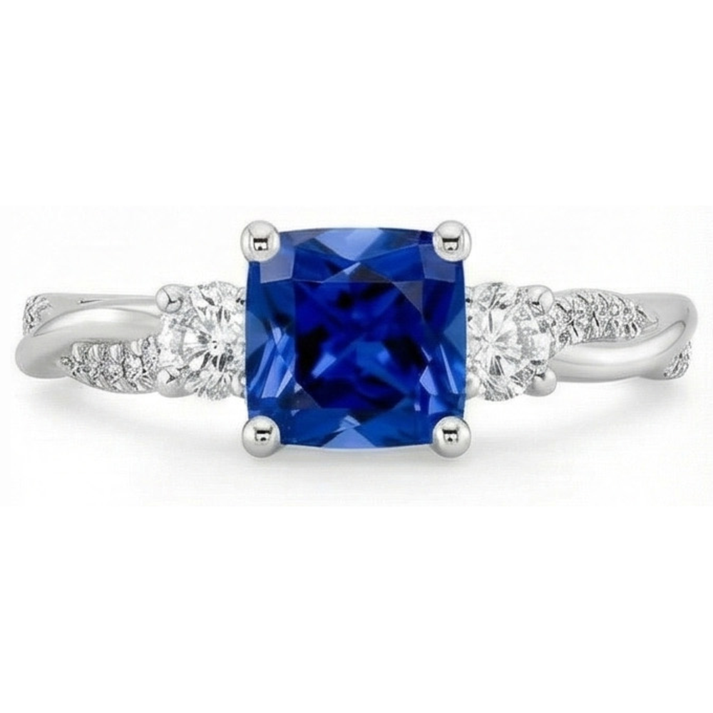Gold 3 Steine Stil Ringkissen Blauer Saphir Mit Akzenten 2,75 Karat