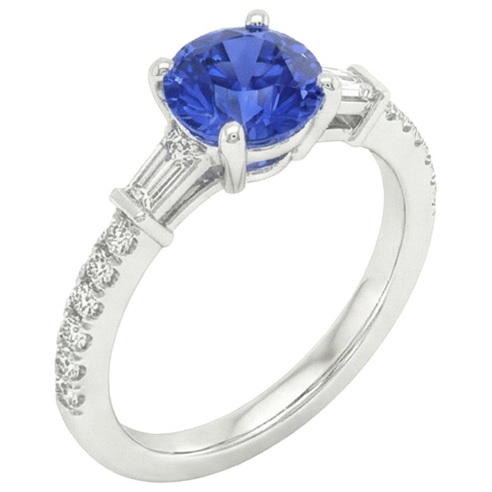 Gold Aus der Erde Abgebauter Natürlicher Diamant-Verlobungsring Blauer Saphir mit Baguettes 3 Karat