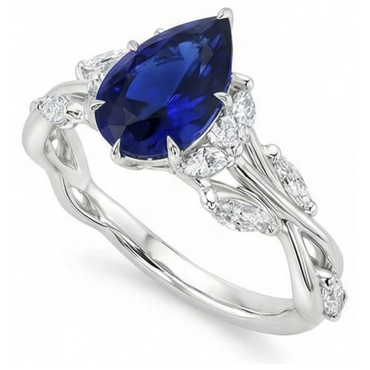 Gold Edelstein Ring Birnenblauer Saphir & Marquise Aus der Erde Abgebauter Natürlicher Diamanten 7,25 Karat