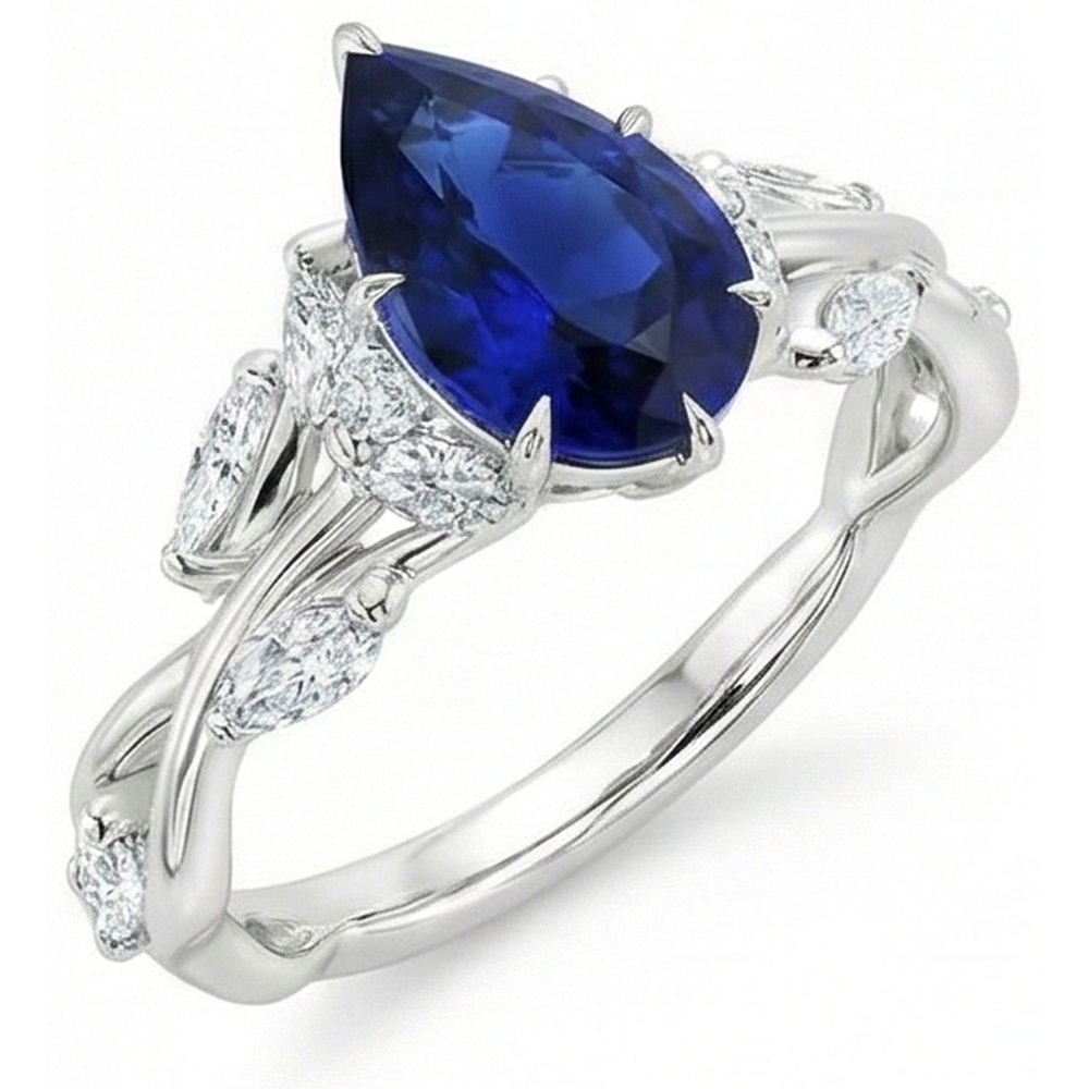 Gold Edelstein Ring Birnenblauer Saphir & Marquise Aus der Erde Abgebauter Natürlicher Diamanten 7,25 Karat