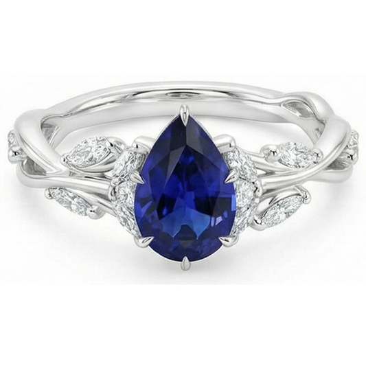 Gold Edelstein Ring Birnenblauer Saphir & Marquise Aus der Erde Abgebauter Natürlicher Diamanten 7,25 Karat
