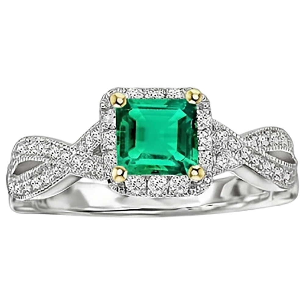 Prinzess-Schliff Smaragd Ring in Bicolor 14K Gold – Frontansicht
