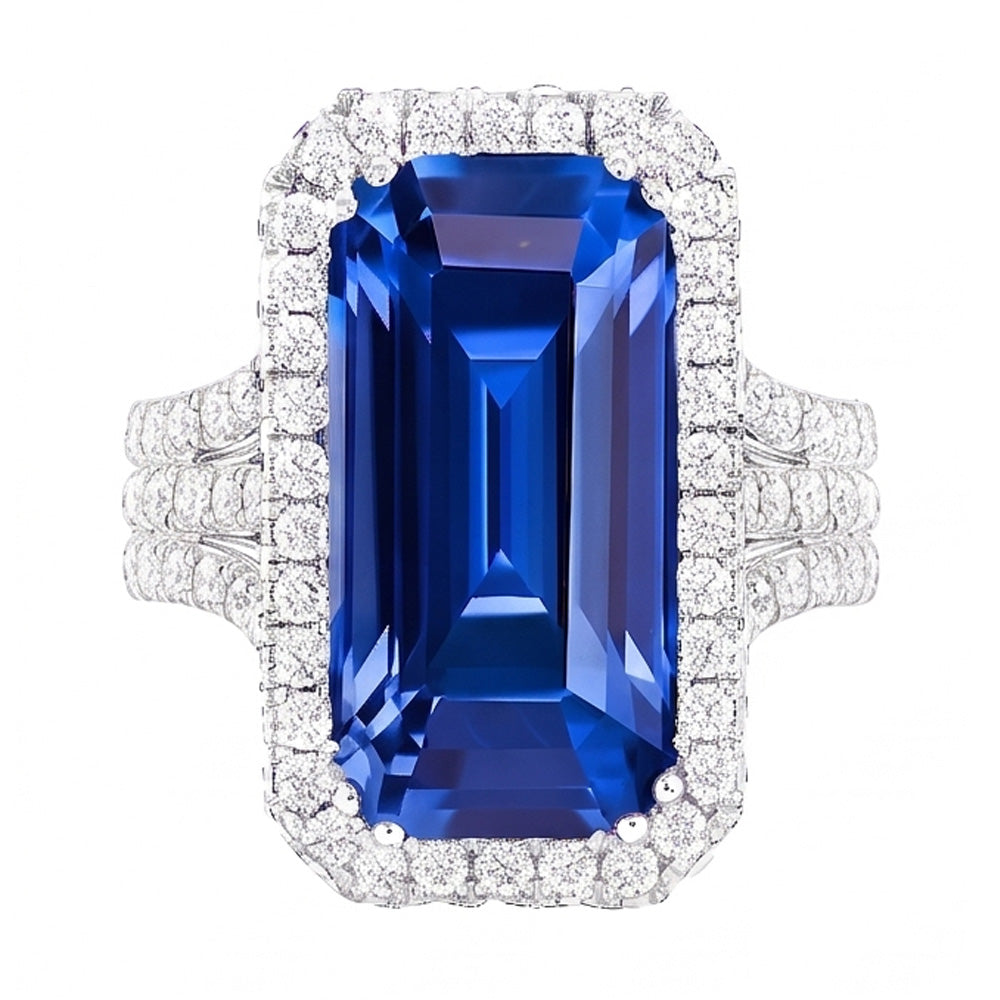 Gold Halo Natürlicher Diamant ( nicht im Labor gezüchtet ) Smaragdschliff Ceylon Saphir Edelstein Ring 6 Karat