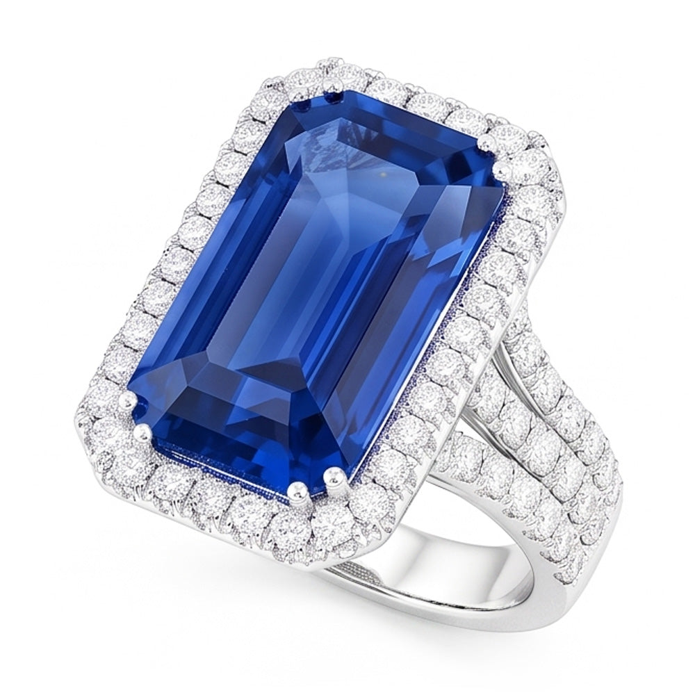 Gold Halo Natürlicher Diamant ( nicht im Labor gezüchtet ) Smaragdschliff Ceylon Saphir Edelstein Ring 6 Karat