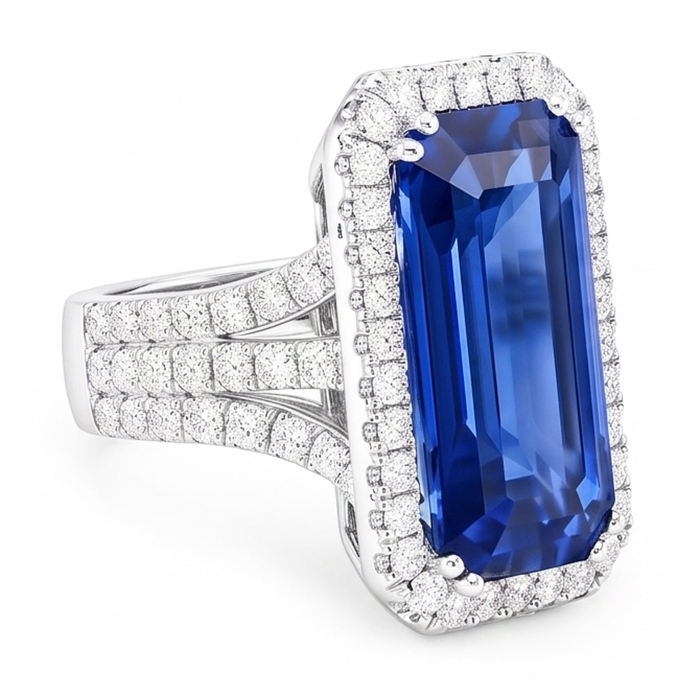 Gold Halo Natürlicher Diamant ( nicht im Labor gezüchtet ) Smaragdschliff Ceylon Saphir Edelstein Ring 6 Karat