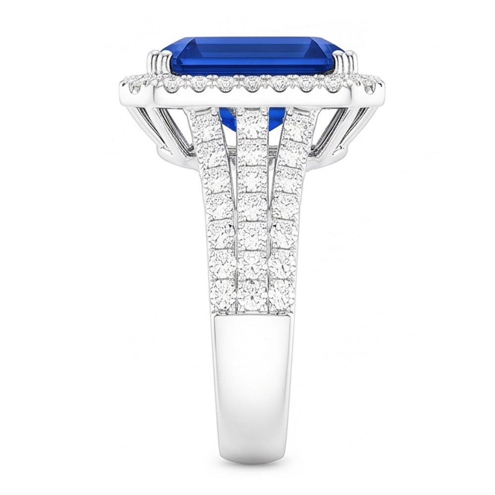 Gold Halo Natürlicher Diamant ( nicht im Labor gezüchtet ) Smaragdschliff Ceylon Saphir Edelstein Ring 6 Karat