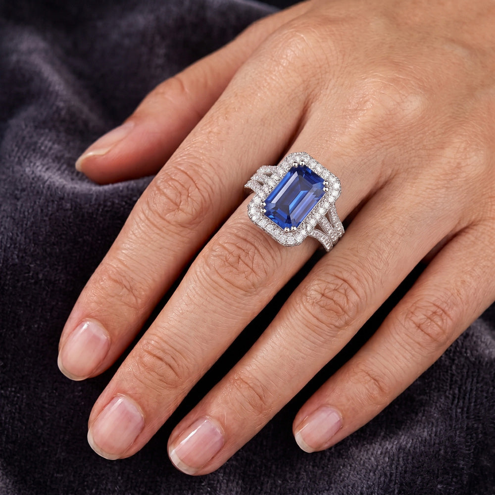 Gold Halo Natürlicher Diamant ( nicht im Labor gezüchtet ) Smaragdschliff Ceylon Saphir Edelstein Ring 6 Karat