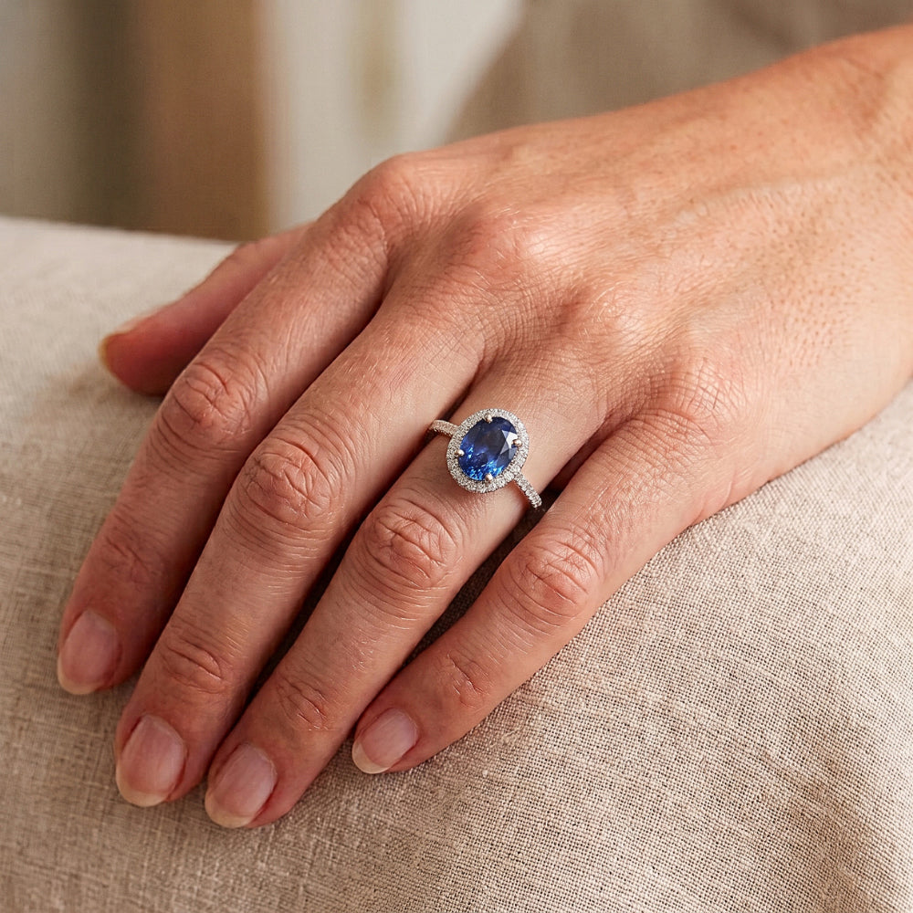 Gold Halo Oval Ceylon Saphir Ring Natürlicher Diamant ( nicht im Labor gezüchtet )schmuck 3,50 Karat
