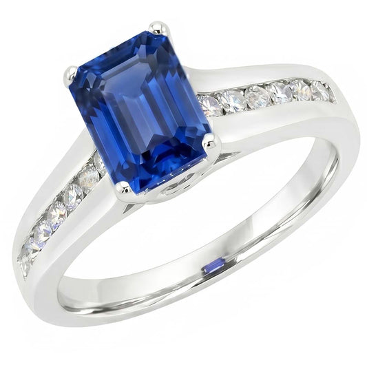 Gold Natürlicher Diamant ( nicht im Labor gezüchtet ) Schmuck Smaragdschliff Blauer Saphir Ring 3 Karat Krappen Set