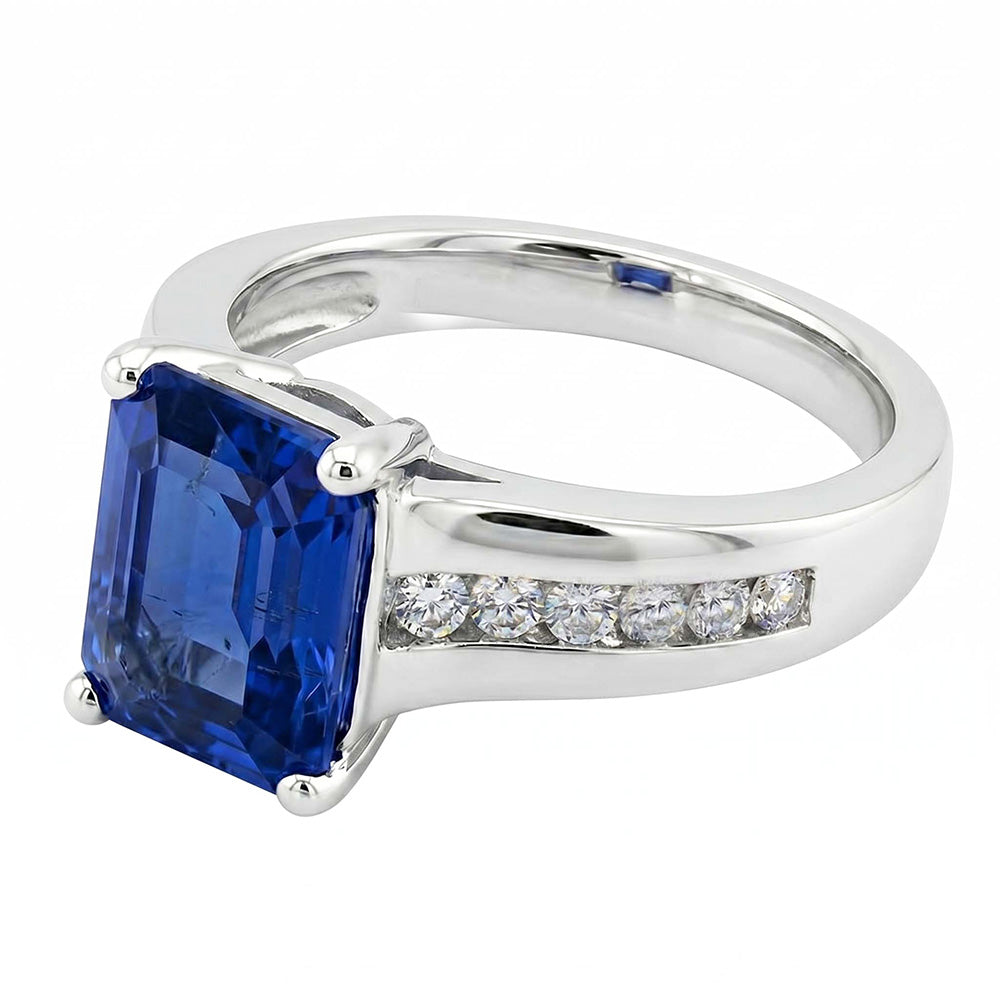 Gold Natürlicher Diamant ( nicht im Labor gezüchtet ) Schmuck Smaragdschliff Blauer Saphir Ring 3 Karat Krappen Set