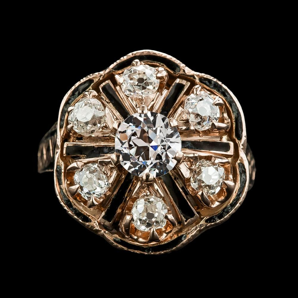 Gold Old Mine Cut Echt Diamant Black Onyx Ring Flower Style 4.50 Karat