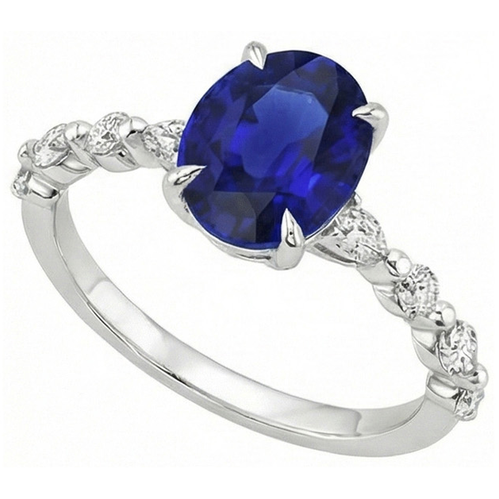 Gold Oval Blauer Saphir Aus der Erde Abgebauter Natürlicher Diamantring Marquise & Rundschliff 6 Karat Neu
