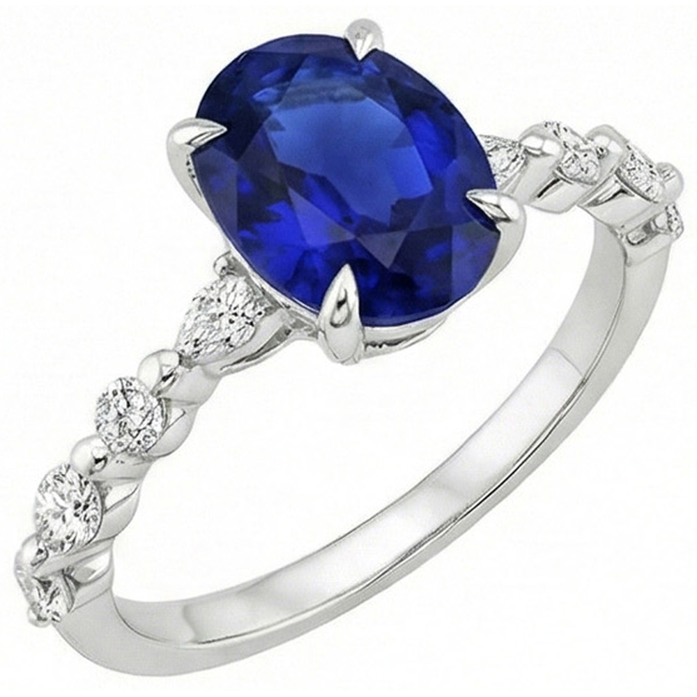 Gold Oval Blauer Saphir Aus der Erde Abgebauter Natürlicher Diamantring Marquise & Rundschliff 6 Karat Neu