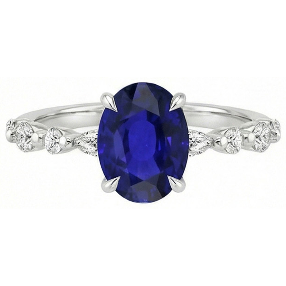 Gold Oval Blauer Saphir Aus der Erde Abgebauter Natürlicher Diamantring Marquise & Rundschliff 6 Karat Neu