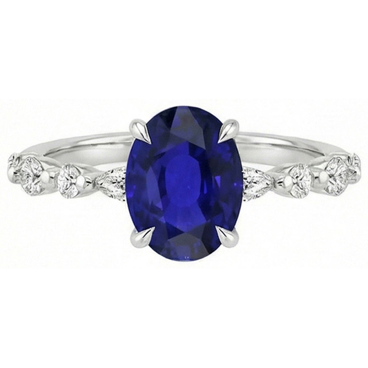Gold Oval Blauer Saphir Aus der Erde Abgebauter Natürlicher Diamantring Marquise & Rundschliff 6 Karat Neu