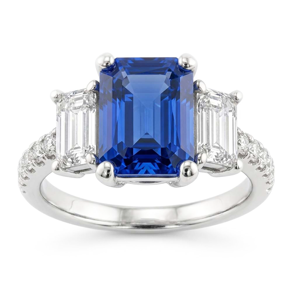 Gold-Smaragd-Natürlicher Diamant ( nicht im Labor gezüchtet )-Blau-Saphir-Ring mit runden Akzenten 3,50 Karat