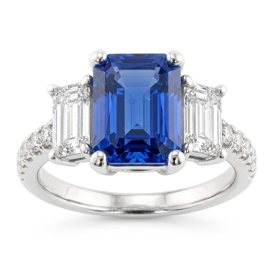 Gold-Smaragd-Natürlicher Diamant ( nicht im Labor gezüchtet )-Blau-Saphir-Ring mit runden Akzenten 3,50 Karat