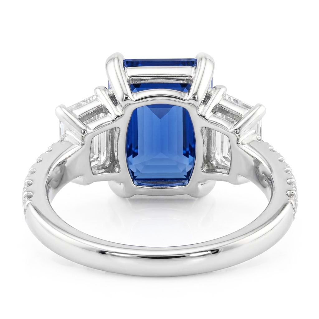 Gold-Smaragd-Natürlicher Diamant ( nicht im Labor gezüchtet )-Blau-Saphir-Ring mit runden Akzenten 3,50 Karat
