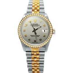 Gold & Stahl Datejust Diamantlünette Weißes arabisches Zifferblatt Rolex-Uhr SCHNELLES EINSTELLEN