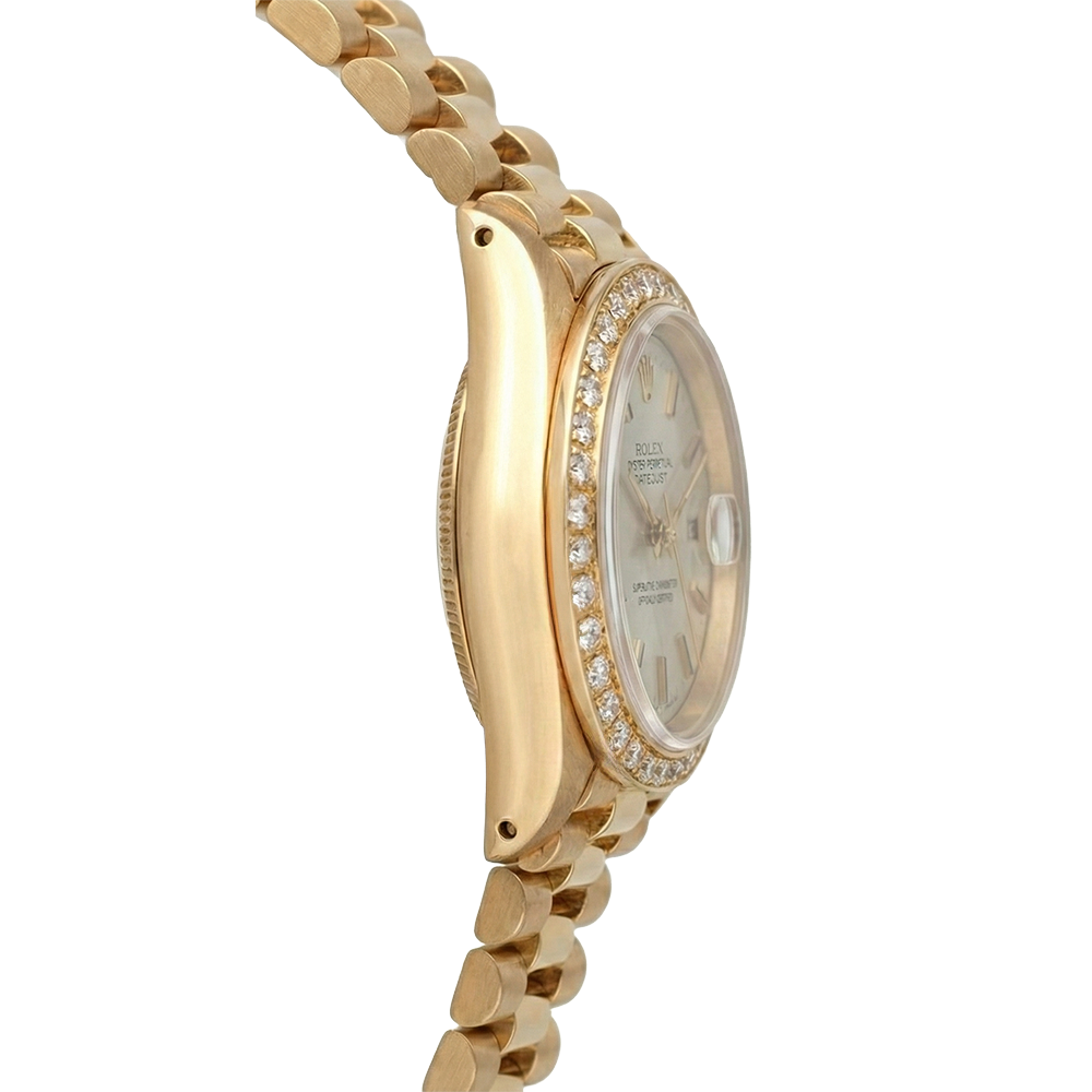 Goldene Präsidenten-Rolex-Uhr, weißes Stick-Zifferblatt, Diamant-Lünette, Date Just