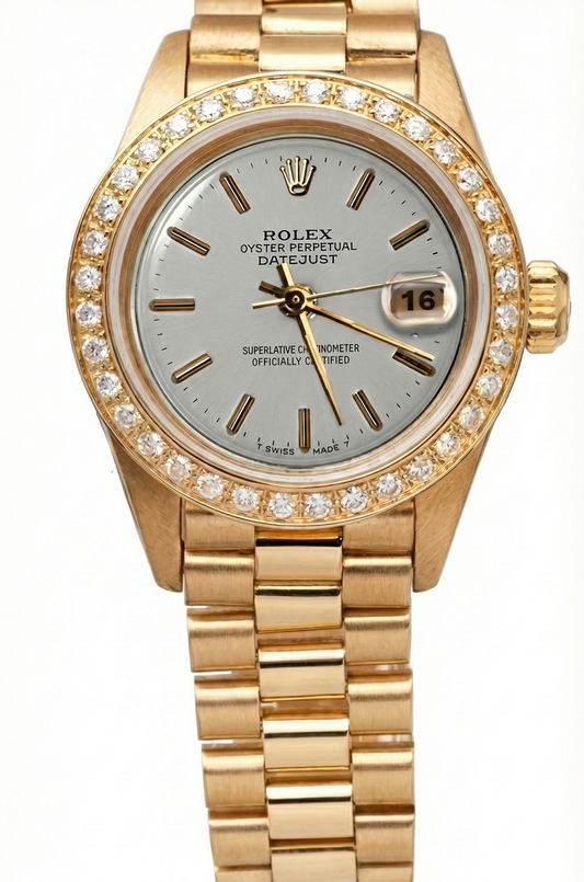 Goldene Präsidenten-Rolex-Uhr, weißes Stick-Zifferblatt, Diamant-Lünette, Date Just
