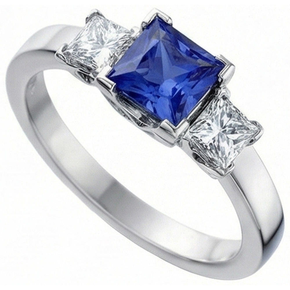 Goldener Edelstein Prinzessin Blauer Saphir & Aus der Erde Abgebauter Natürlicher Diamant 3 Steine Ring 5 Karat