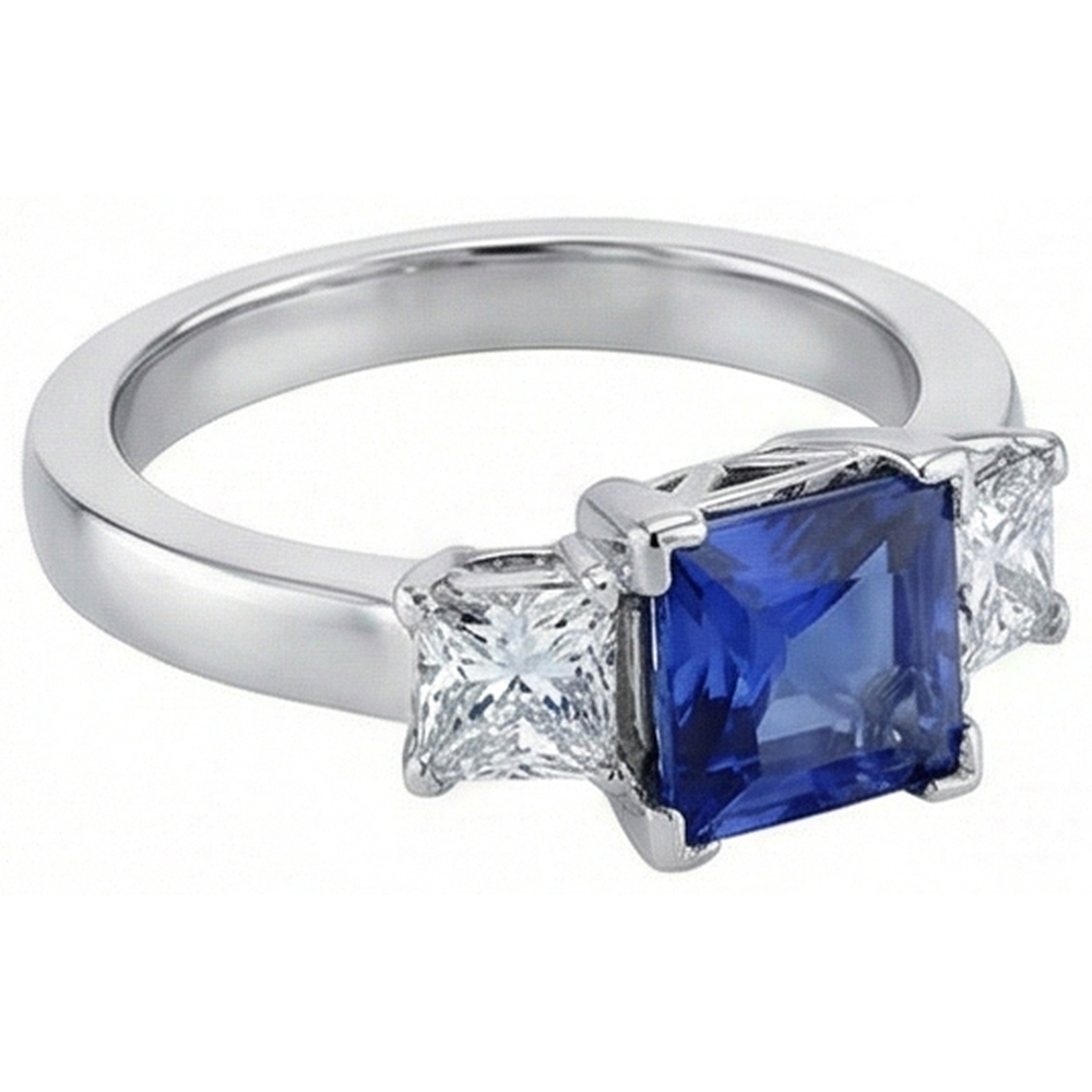 Goldener Edelstein Prinzessin Blauer Saphir & Aus der Erde Abgebauter Natürlicher Diamant 3 Steine Ring 5 Karat