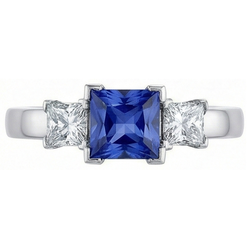 Goldener Edelstein Prinzessin Blauer Saphir & Aus der Erde Abgebauter Natürlicher Diamant 3 Steine Ring 5 Karat