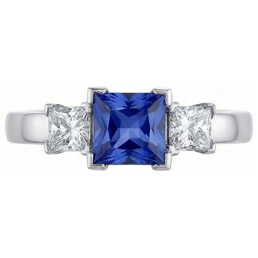 Goldener Edelstein Prinzessin Blauer Saphir & Aus der Erde Abgebauter Natürlicher Diamant 3 Steine Ring 5 Karat