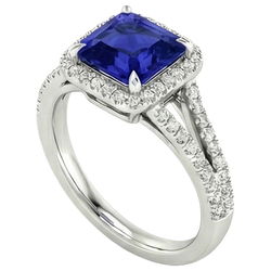 Goldener Halo-Aus der Erde Abgebauter Natürlicher Diamant-Verlobungsring 3,25 Karat Asscher Blauer Saphir