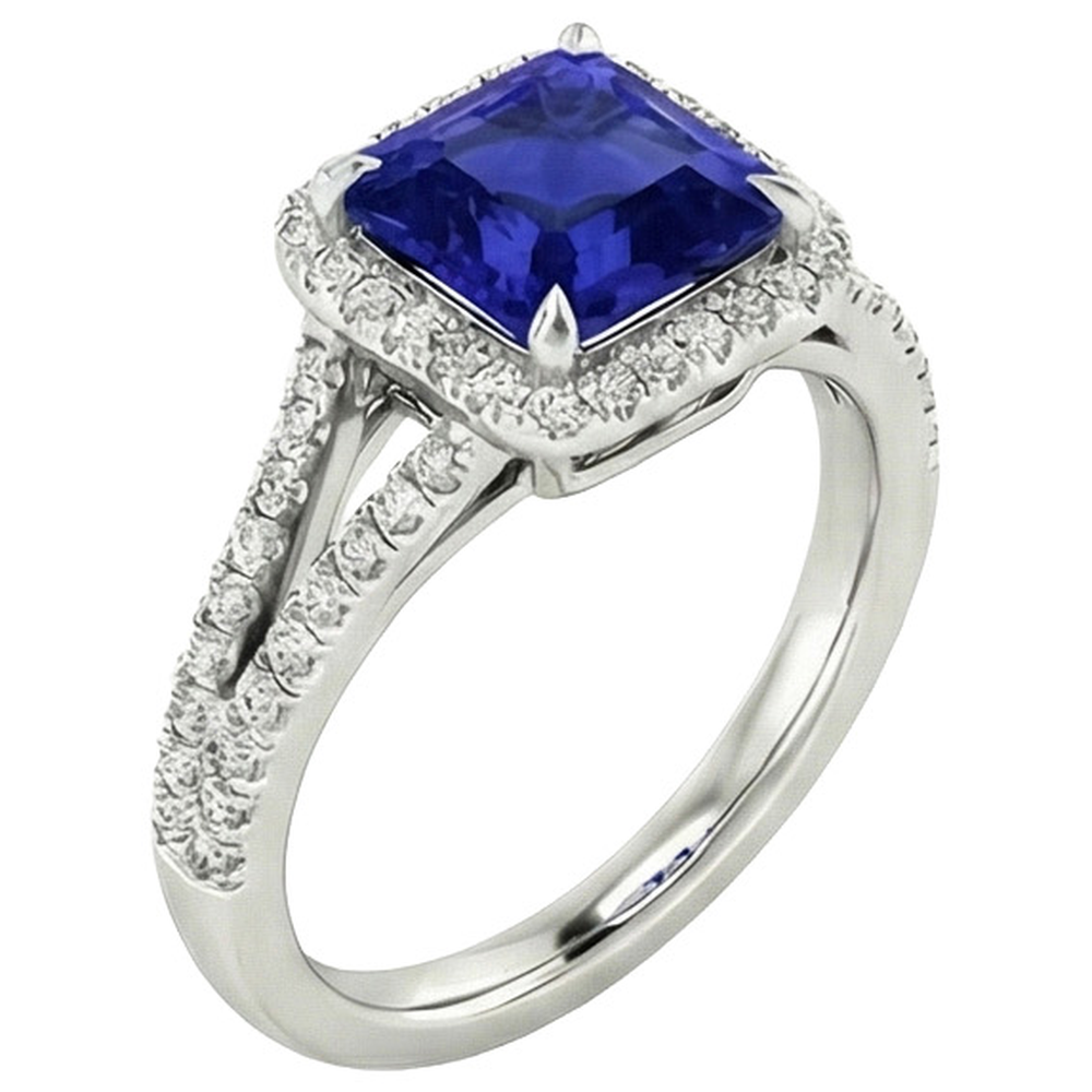 Goldener Halo-Aus der Erde Abgebauter Natürlicher Diamant-Verlobungsring 3,25 Karat Asscher Blauer Saphir