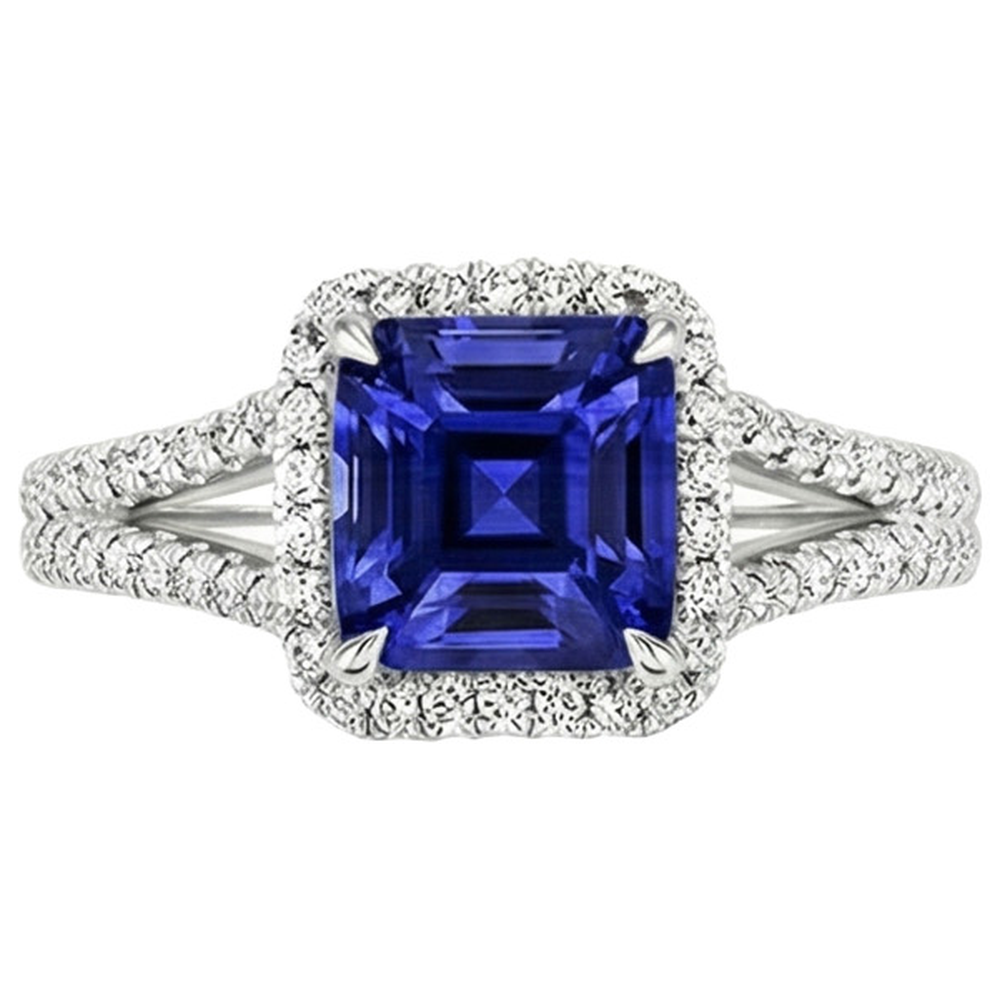 Goldener Halo-Aus der Erde Abgebauter Natürlicher Diamant-Verlobungsring 3,25 Karat Asscher Blauer Saphir
