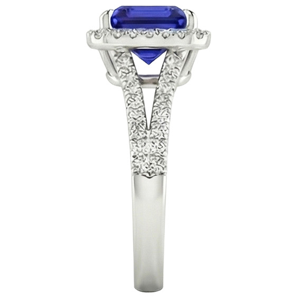 Goldener Halo-Aus der Erde Abgebauter Natürlicher Diamant-Verlobungsring 3,25 Karat Asscher Blauer Saphir