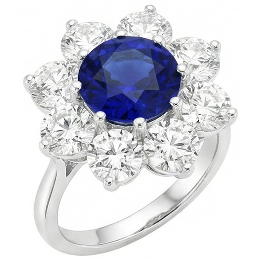 Goldener Halo-Aus der Erde Abgebauter Natürlicher Diamantring Blauer runder Saphir-Blumenstil 4,50 Karat