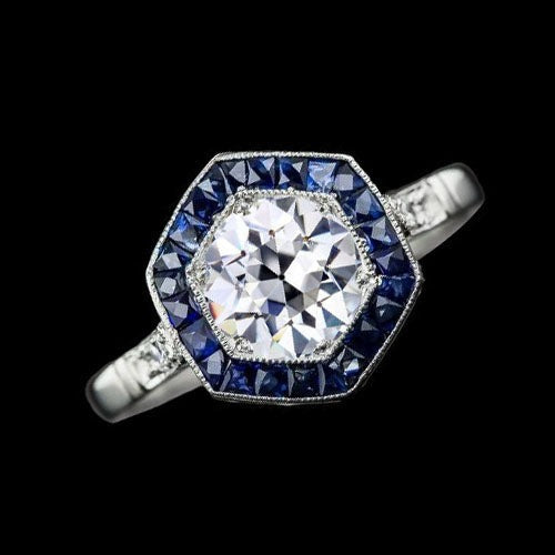 Goldener Halo-Blauer Saphir & runder Echt Diamantring im alten Minenschliff 3,25 Karat