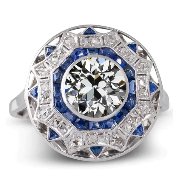 Goldener Halo-Ring Blauer Saphir & Altschliff-Echt Diamant Star Style 5.50 Karat