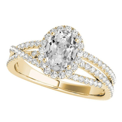 Goldener Halo-Ring Ovaler Altschliff-Echt Diamant mit Dreifach-Split-Schaft 6.50 Karat