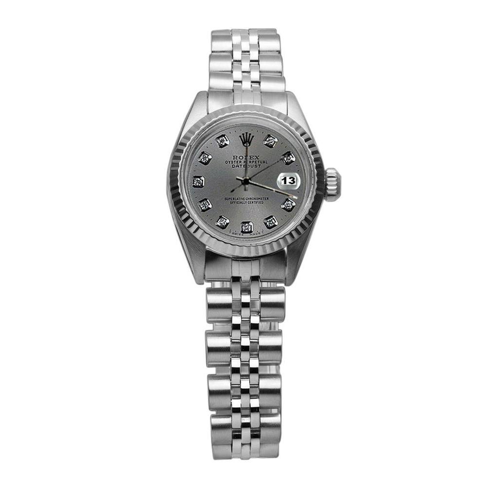 Graues Diamantzifferblatt Rolex Edelstahl Jubilee Datejust Damenuhr
