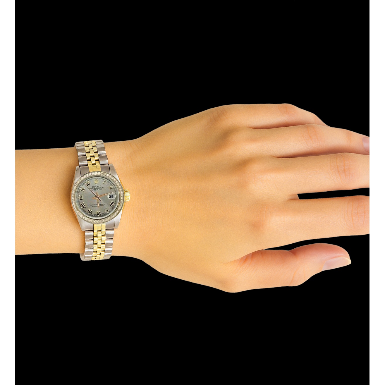 Graues römisches Zifferblatt, Diamantlünette, Edelstahl und goldene Rolex-Damenuhr Datejust P2