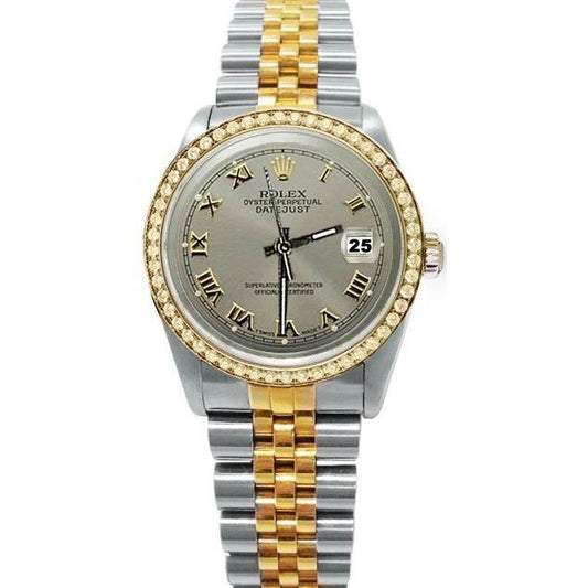 Graues römisches Zifferblatt, Diamantlünette, Rolex Datejust-Uhr, Gold und Edelstahl, SCHNELLSET
