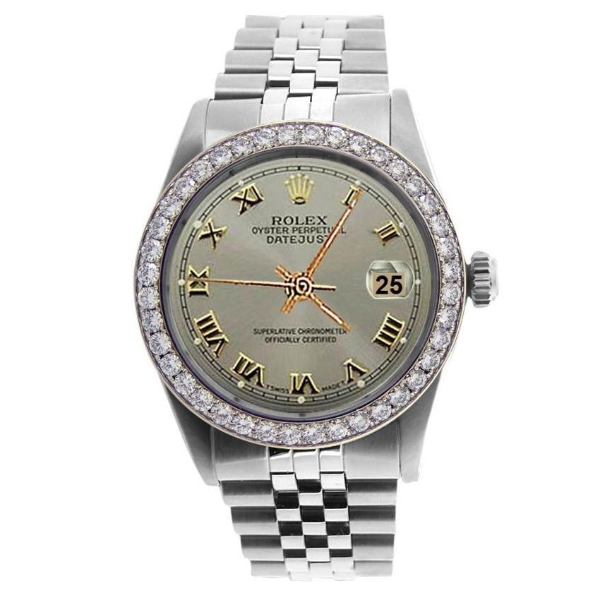 Graues römisches Zifferblatt Edelstahl Jubilee Rolex Armband Herrenuhr Diamant Lünette SCHNELL SET
