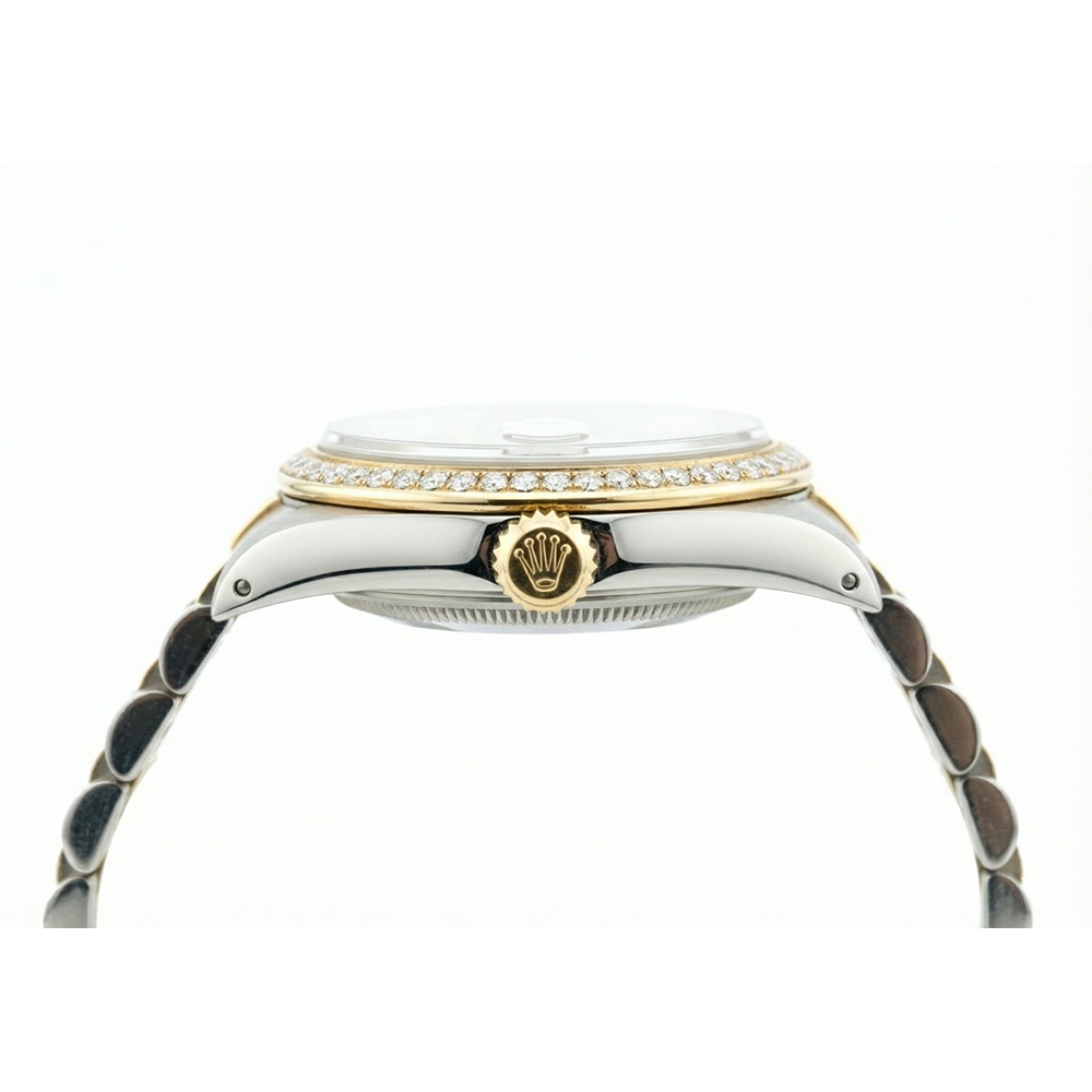 Graues römisches Zifferblatt, Diamantlünette, Edelstahl und goldene Rolex-Damenuhr Datejust