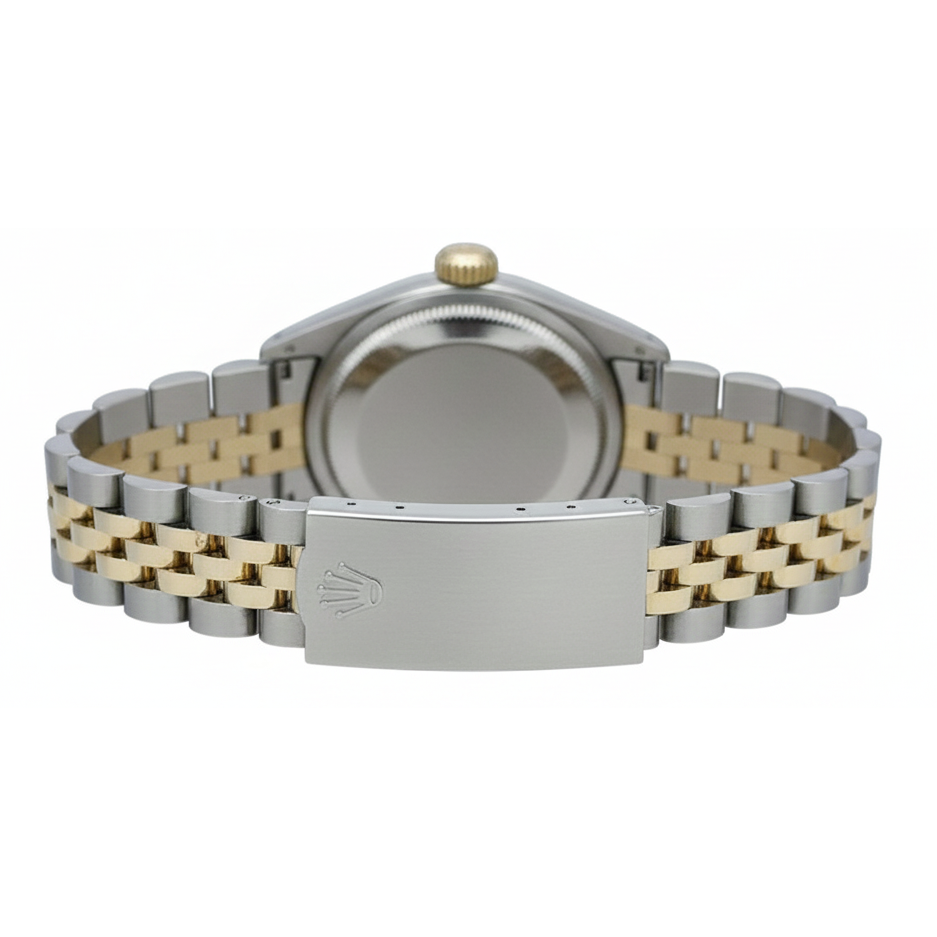 Graues römisches Zifferblatt, Diamantlünette, Edelstahl und goldene Rolex-Damenuhr Datejust