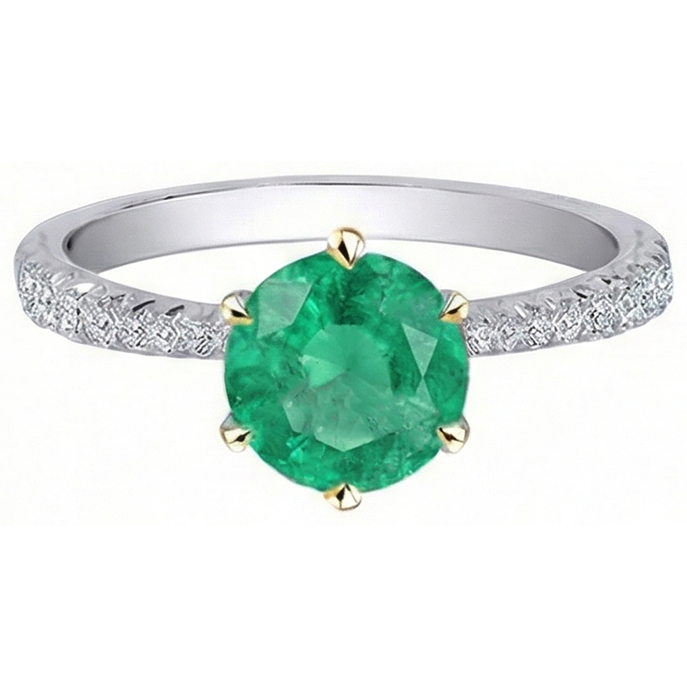 Smaragd Brillantschliff Farbstein-Ring in 14 Karat Zweifarbig Gold – Frontansicht
