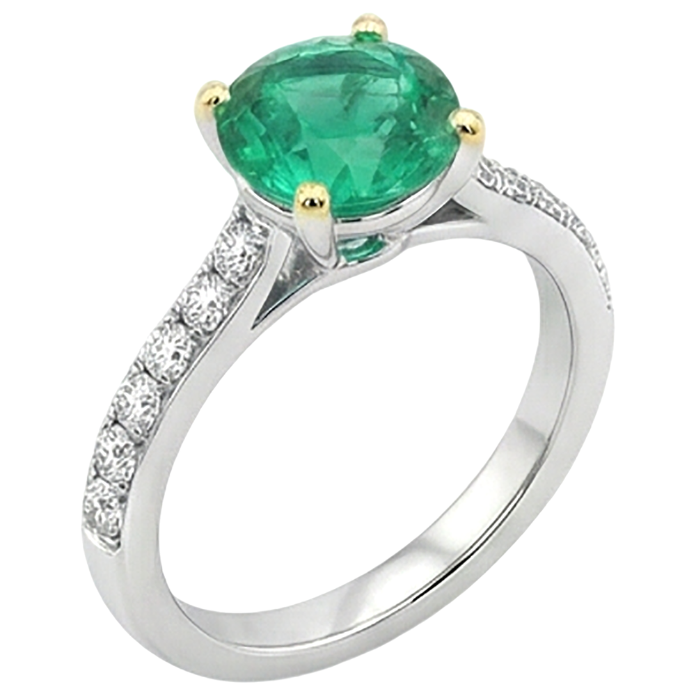 Kolumbianischer Smaragd Rund-Brillant Schmuckstein-Ring in 14 Karat Zweifarbig Gold – Schrägansicht