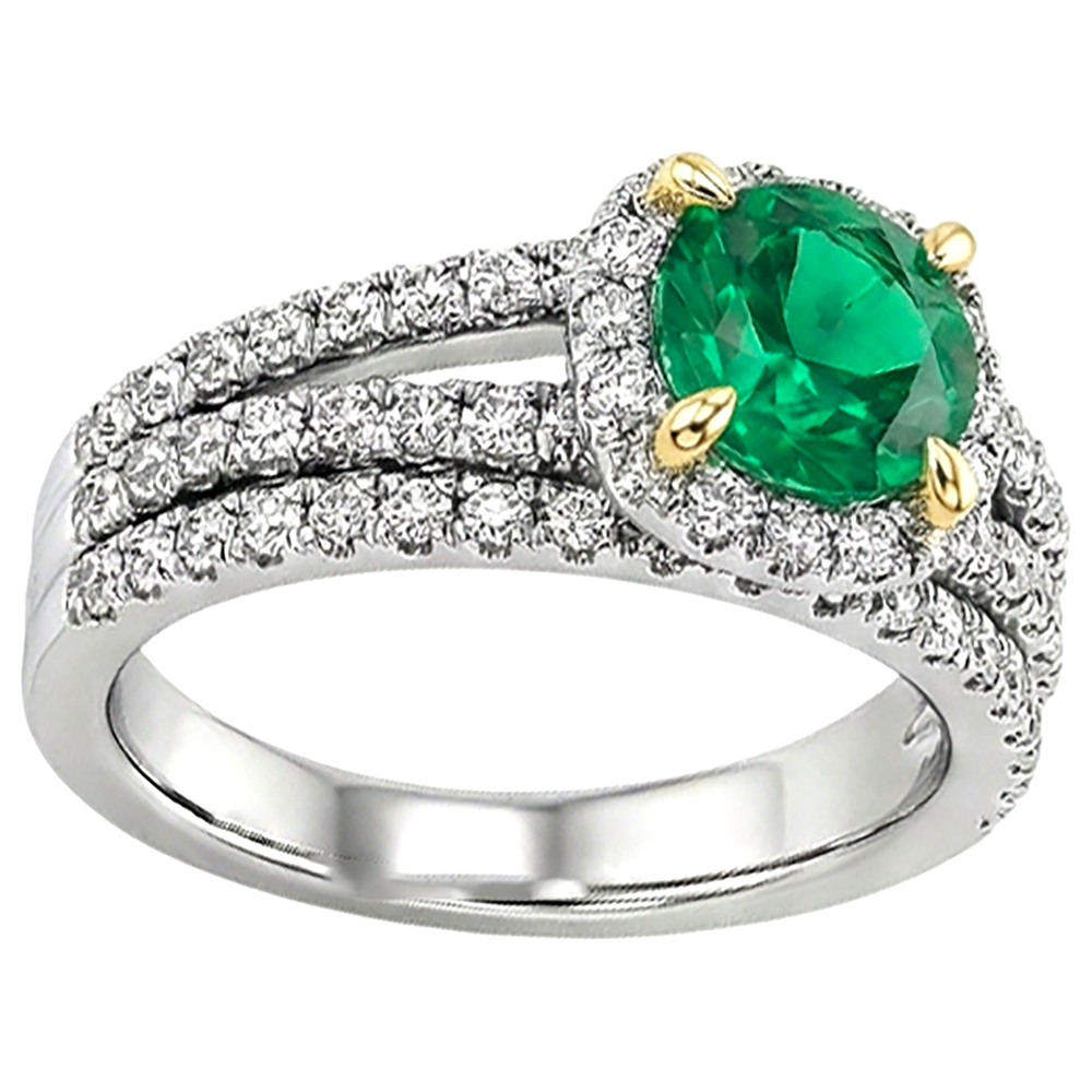 Kolumbianischer Smaragd Rund-Brillant Farbstein-Ring in 14 Karat Zweifarbig Gold – Draufsicht