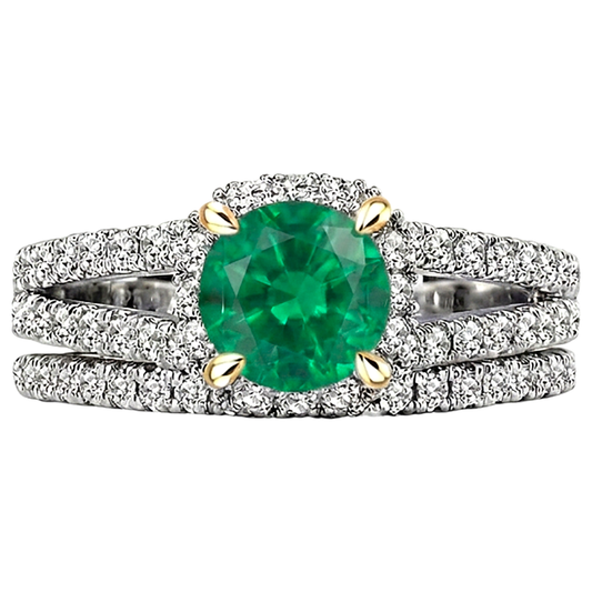 Kolumbianischer Smaragd Rund-Brillant Farbstein-Ring in 14 Karat Zweifarbig Gold – Frontansicht