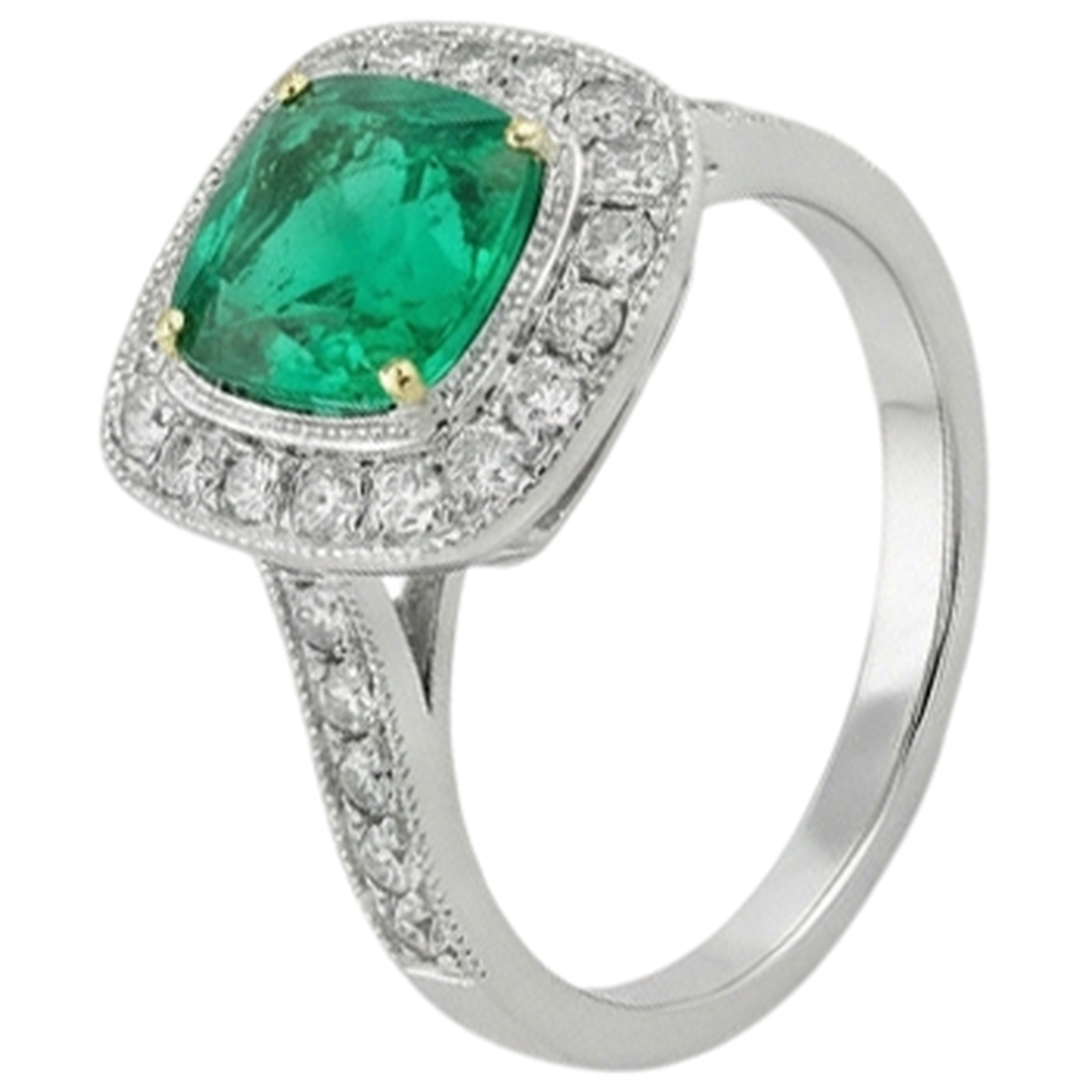 Kissen-Schliff Kolumbianischer Smaragd Ring in Zweifarbiges 14K Gold – Schrägansicht